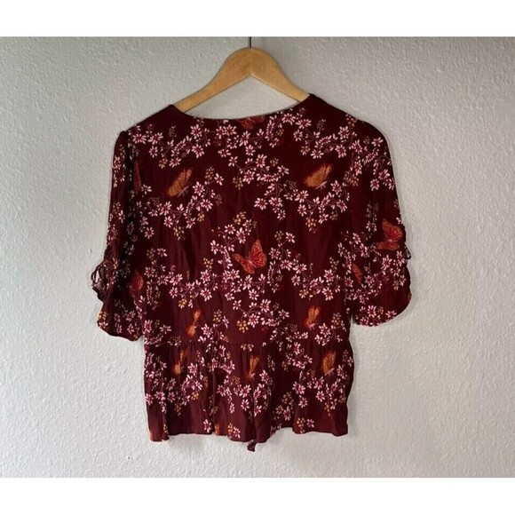 Madewell Tie Sleeve Wrap Top Burgundy Butterfly Size 2 - Picture 5 of 8